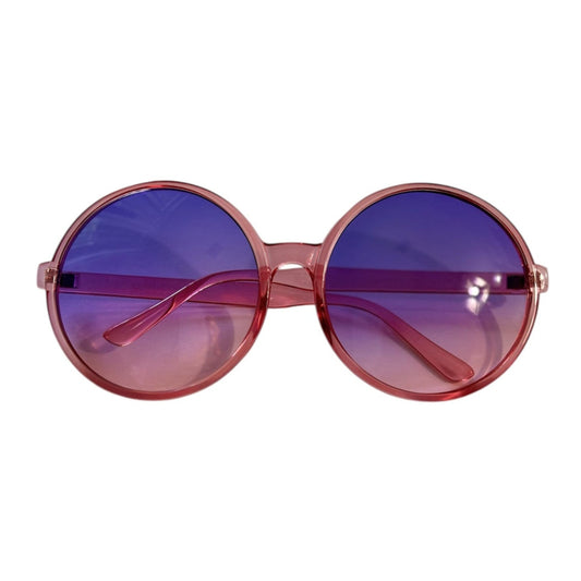 Round sunglasses with a translucent pink frame and bold purple gradient lenses, shown on a white background.