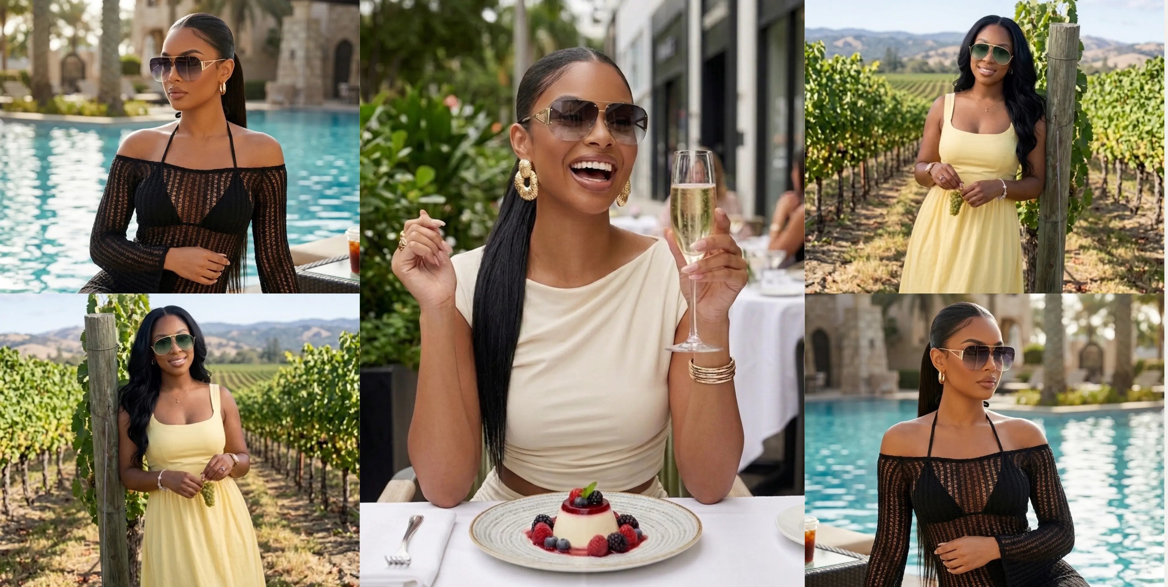 Collage of a woman in various outfits and settings, including a poolside and vineyard.