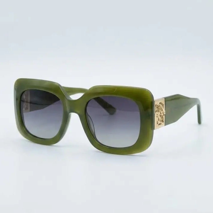 Olive green square sunglasses with gradient gray lenses and a gold-tone decorative accent on the temple arm, shown on a light gray background.