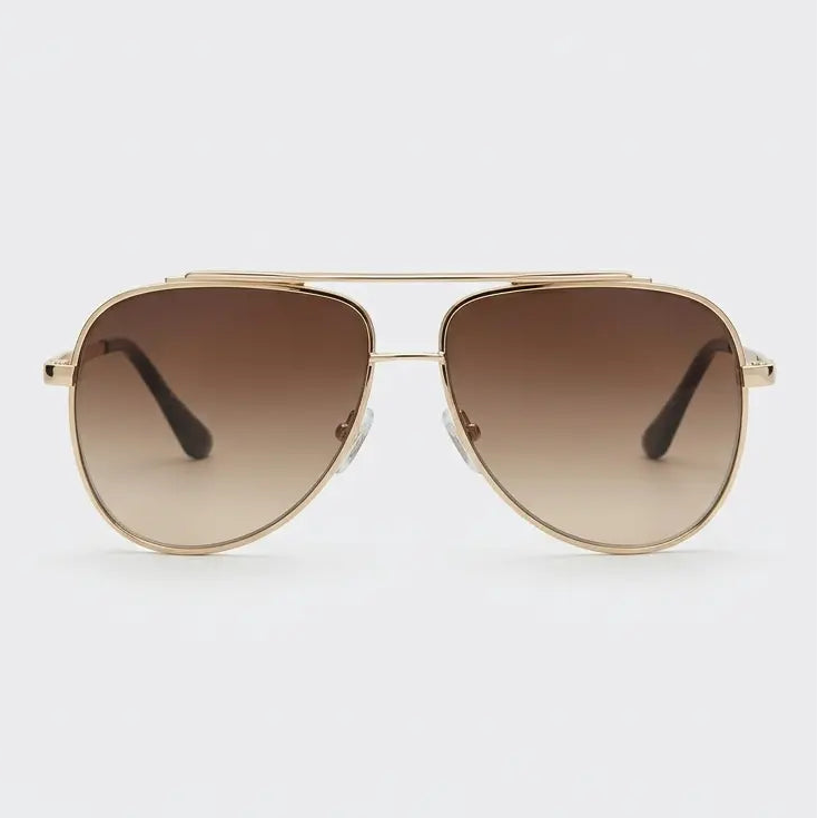 Aviator sunglasses with gold frame and brown gradient lenses on a light gray background