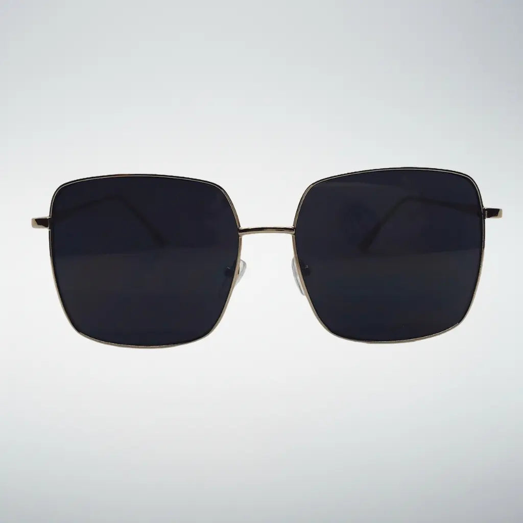 Square metal-framed sunglasses with dark lenses, shown from the front on a light gray background.