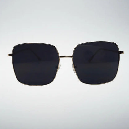 Square metal-framed sunglasses with dark lenses, shown from the front on a light gray background.