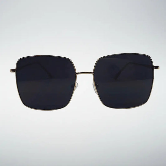 Square metal-framed sunglasses with dark lenses, shown from the front on a light gray background.