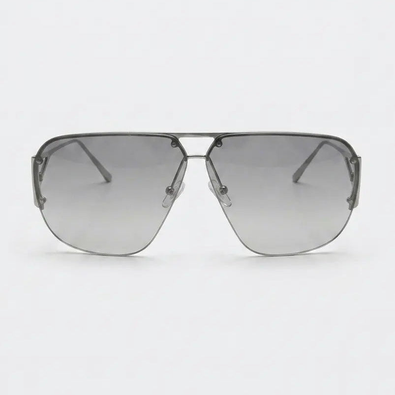 Sunglasses with a metallic frame and reflective lenses on a white background