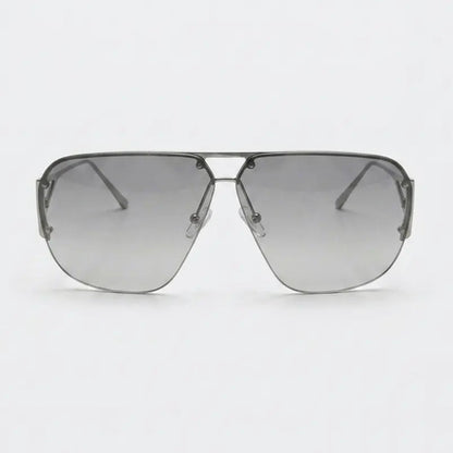Sunglasses with a metallic frame and reflective lenses on a white background