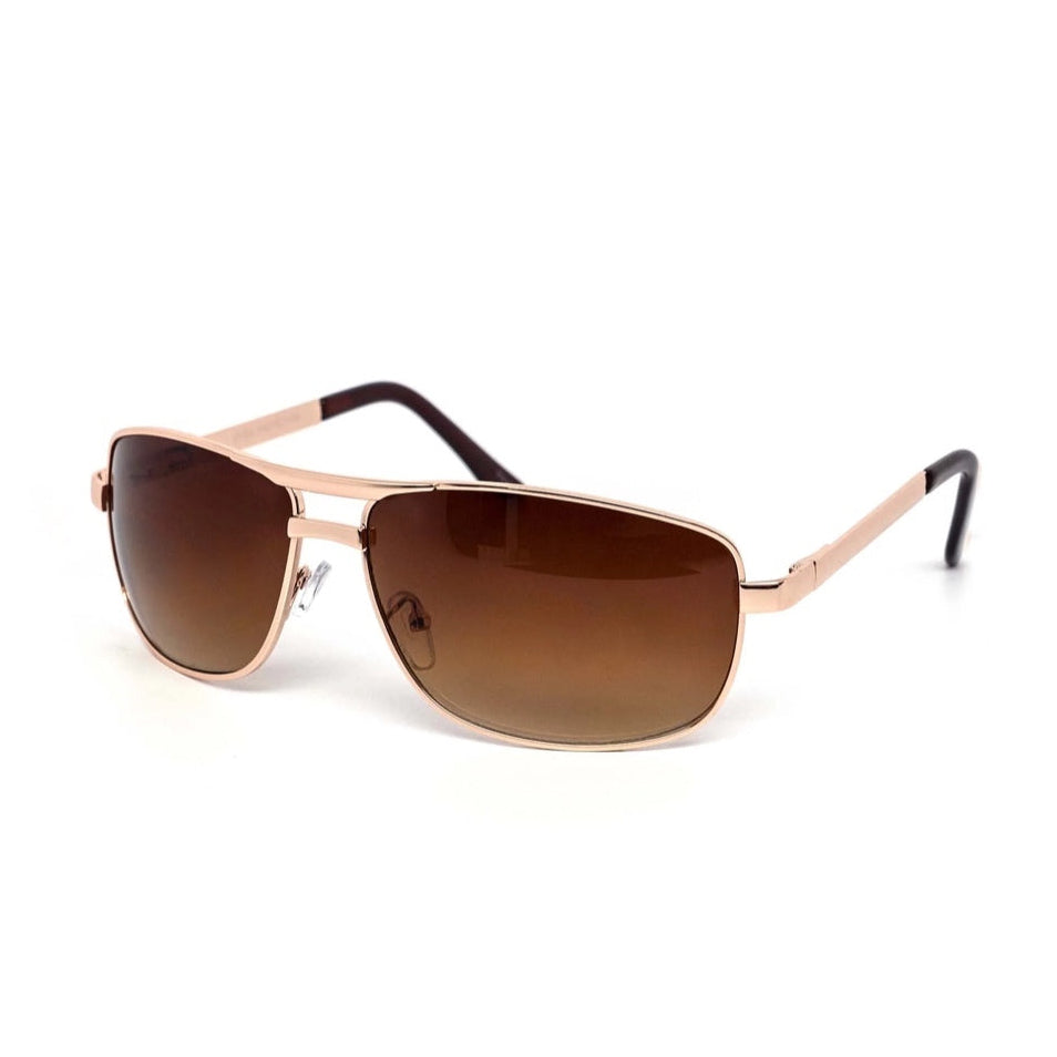 Sunglasses with gold frame and brown lenses on a white background