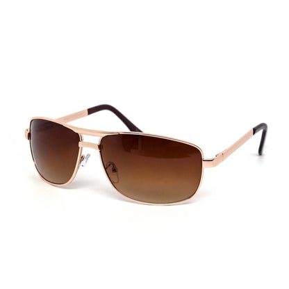 Sunglasses with gold frame and brown lenses on a white background
