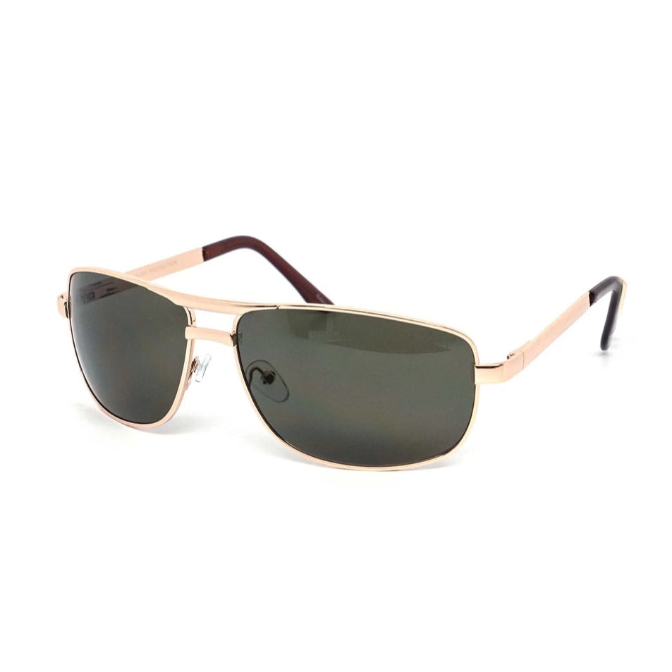Sunglasses with gold frame and dark lenses on a white background
