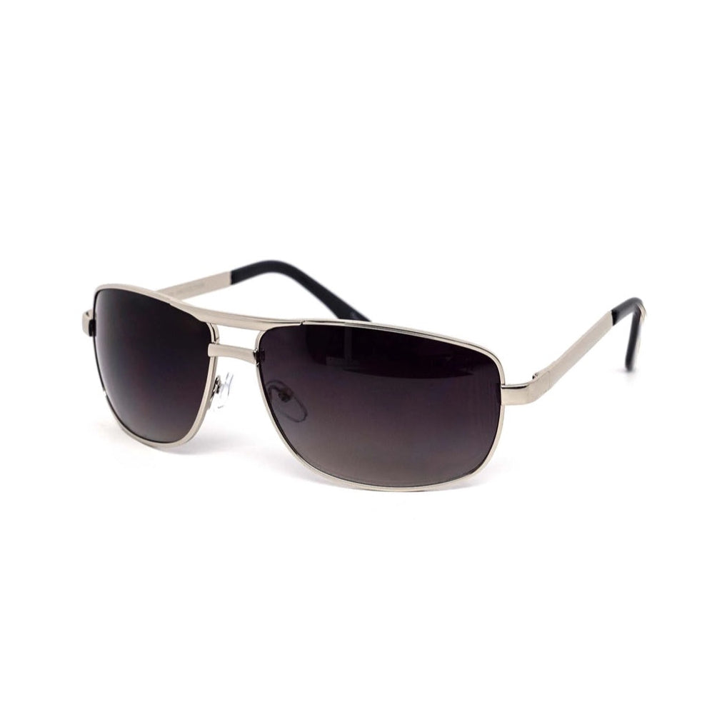 Sunglasses with metallic frame and dark lenses on a white background
