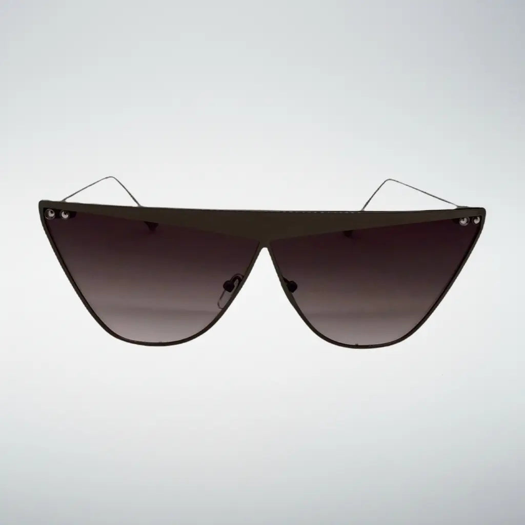 A pair of oversized shield sunglasses with a dark slate frame and dark black gradient lenses, shown against a light gray background.