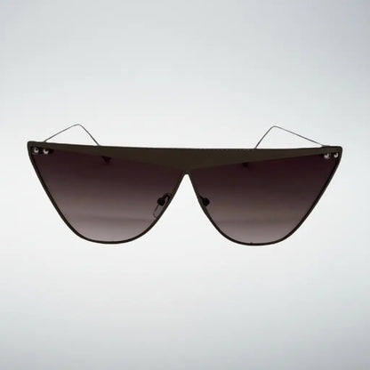 A pair of oversized shield sunglasses with a dark slate frame and dark black gradient lenses, shown against a light gray background.