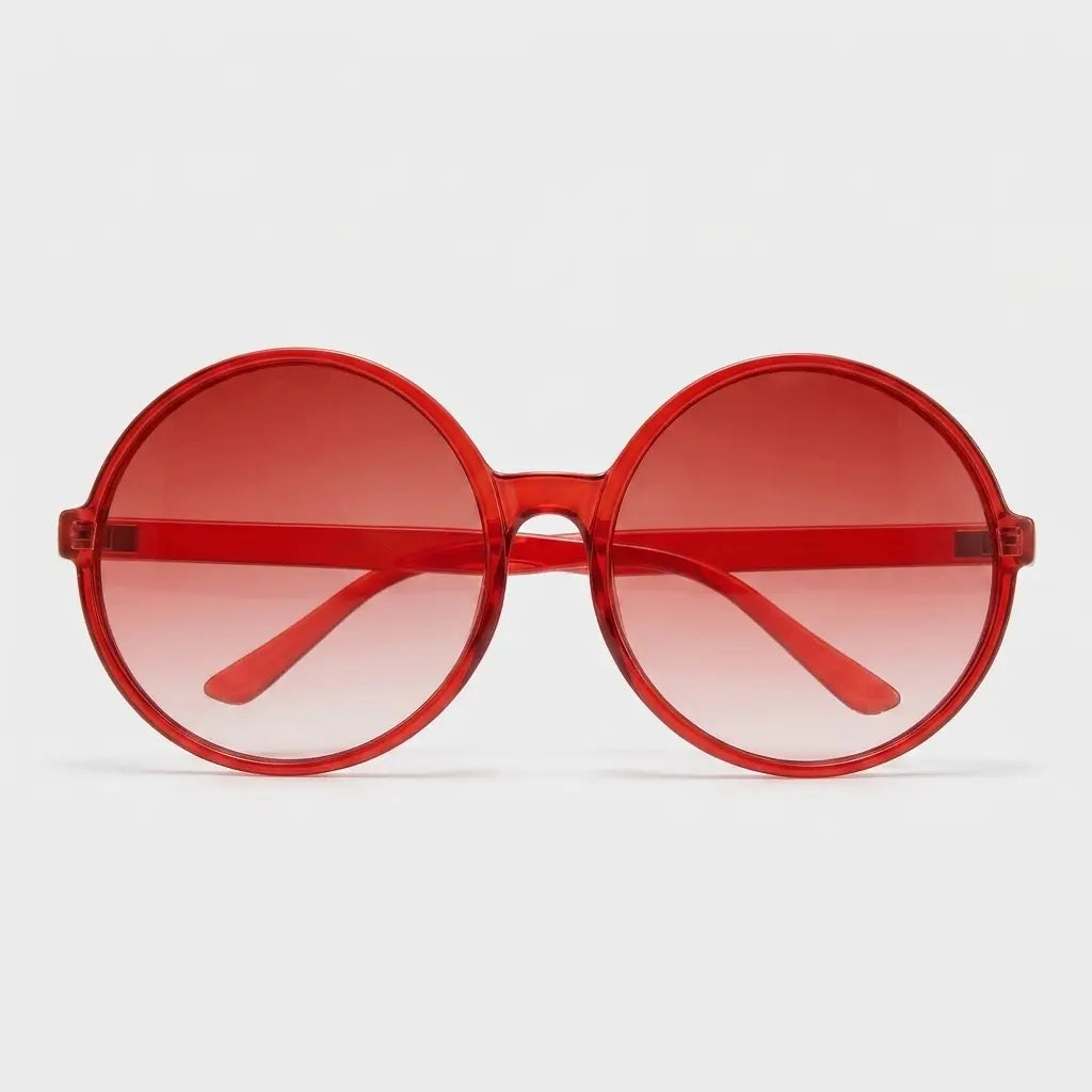 Round sunglasses with a translucent red frame and red gradient lenses displayed on a light gray background.