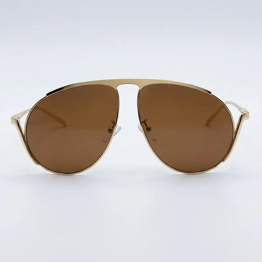 Gold-framed sunglasses with brown lenses on a white background
