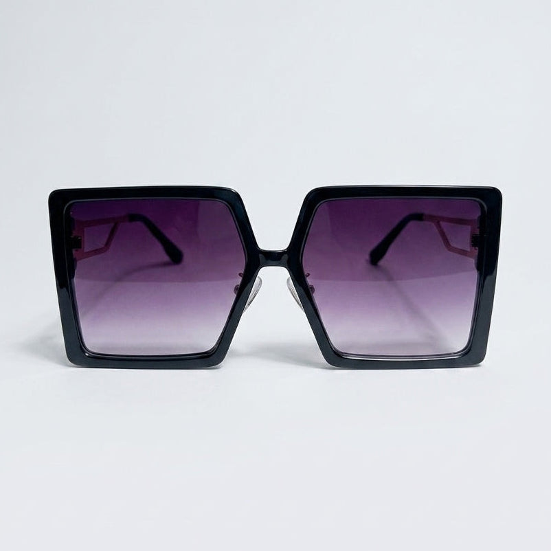 Black sunglasses with purple gradient lenses on a white background