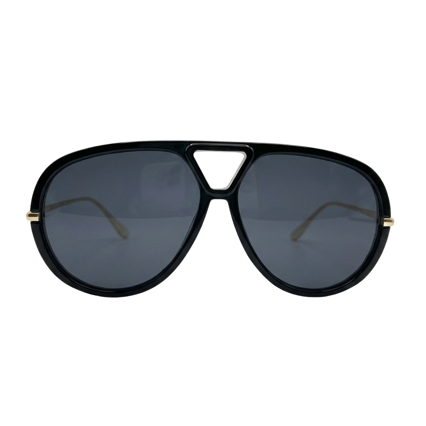 Black aviator sunglasses with gold accents on a white background