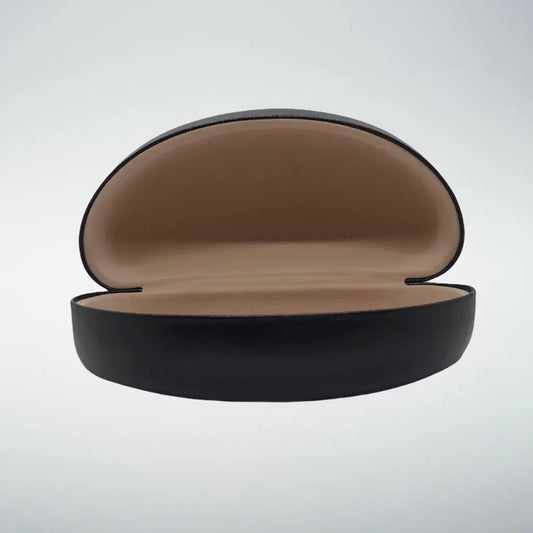 Open black hard-shell sunglasses case with a tan interior, shown against a light gray background.